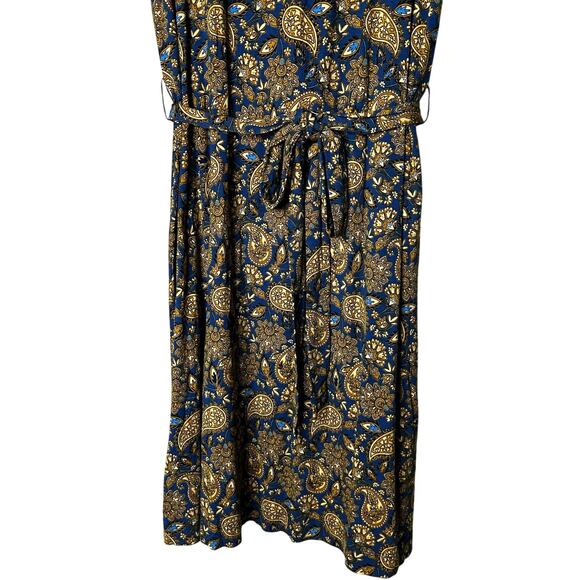Boden Dress Size 10 Jersey Paisley Blue‎ Gold Waist Tie Preppy Minimalist - Picture 4 of 8